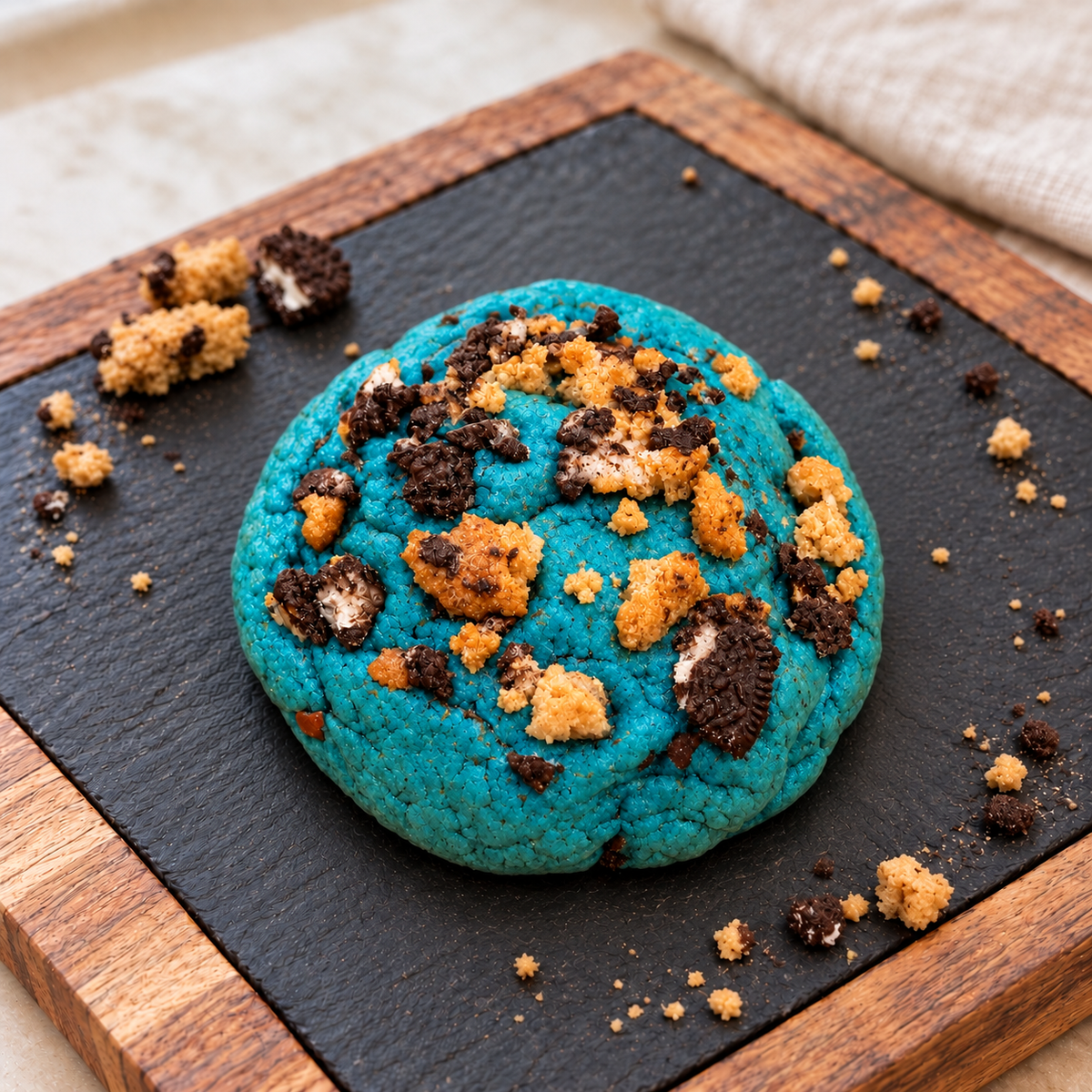 Mini Cookie Monster, a blue cookie with chocolate chip cookie and sandwich cookie pieces on a slate cutting board.
