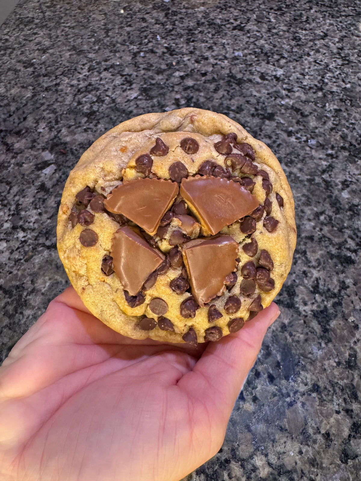 Oversized cookie topped with chocolate chips and peanut butter cup pieces, held in one hand.