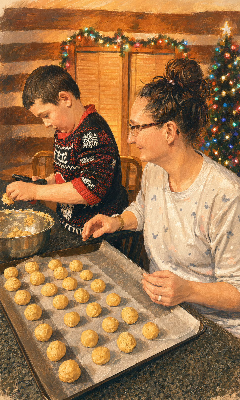 A mother and son baking Epic Dough cookies together