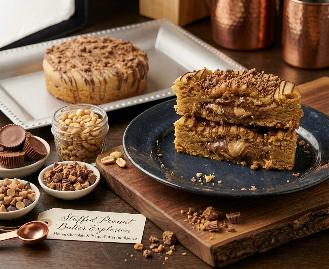 Stacked halves of the Stuffed Peanut Butter Explosion cookie showing its molten chocolate-peanut butter center.