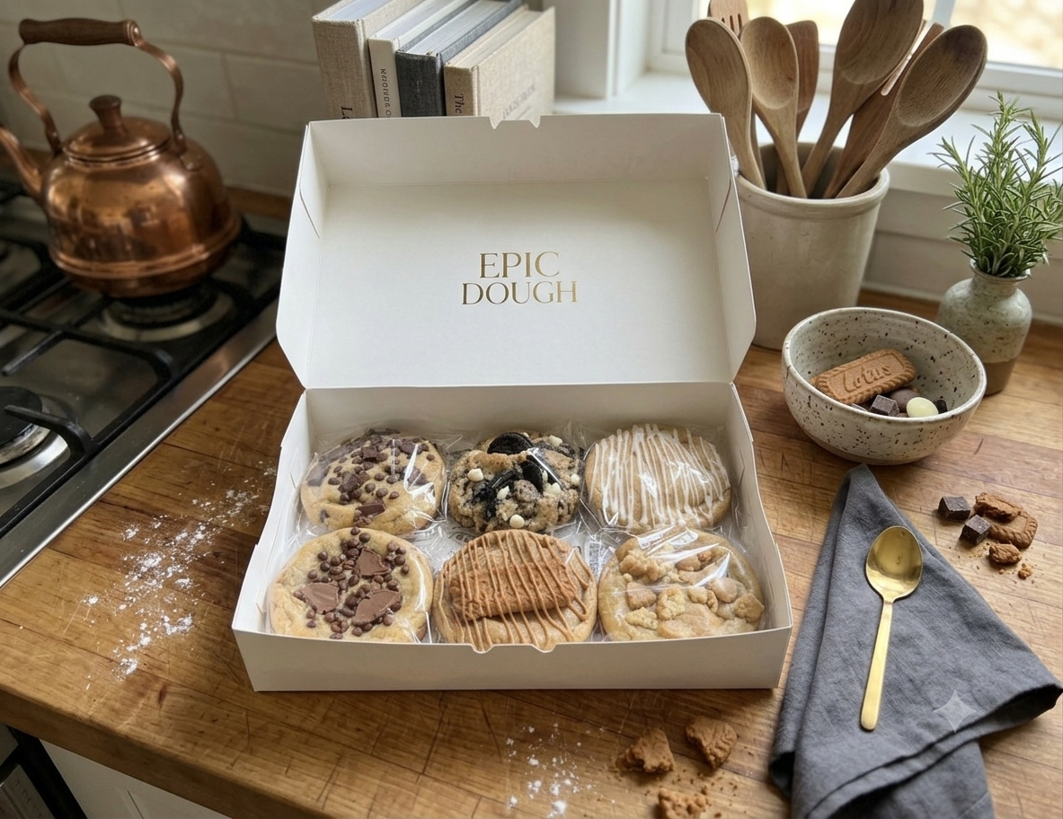 Six assorted Epic Dough cookies arranged inside an open white bakery box.