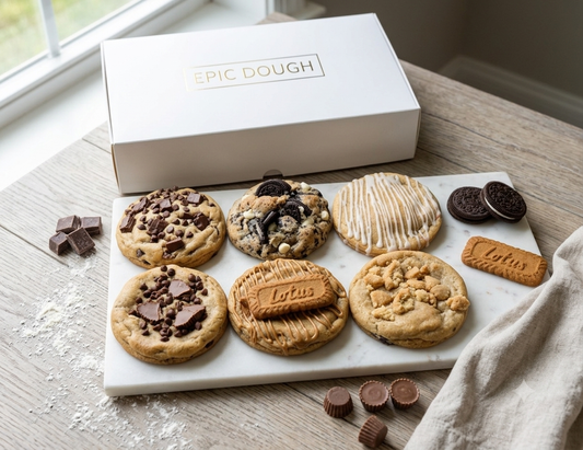 Open white Epic Dough box displaying six assorted oversized cookies.