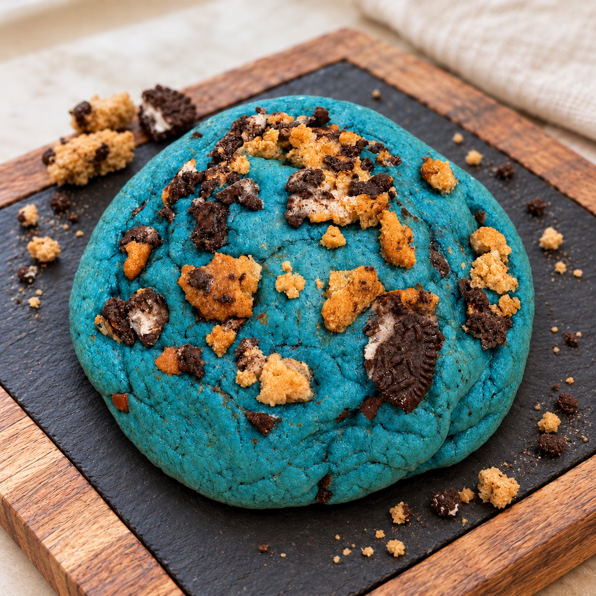 Blue Cookie Monster cookie on a wood-rimmed slate board, with chocolate chip cookie and sandwich cookie crumbs around it.